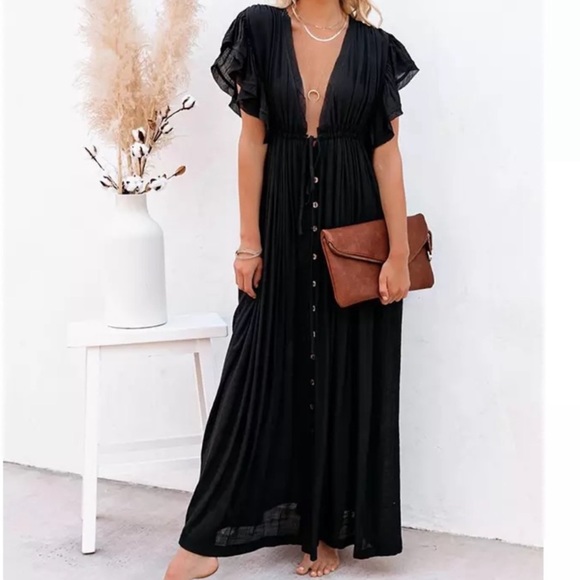 New Bohemian Long Black Gauze Button Front Flutter Maxi Summer Dress - Picture 8 of 11
